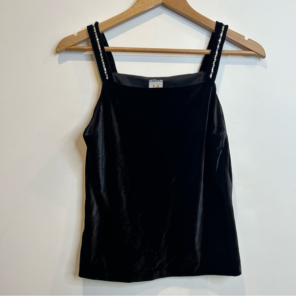 Vintage Tops - Vintage Mantles Velour Stretch Tank Top Crystal Strap Detail Black